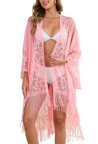 colornival Sexy Kimono-Spitzenstrandkleid für Damen mit offener Front und Fransen für den Urlaub (Rosa)