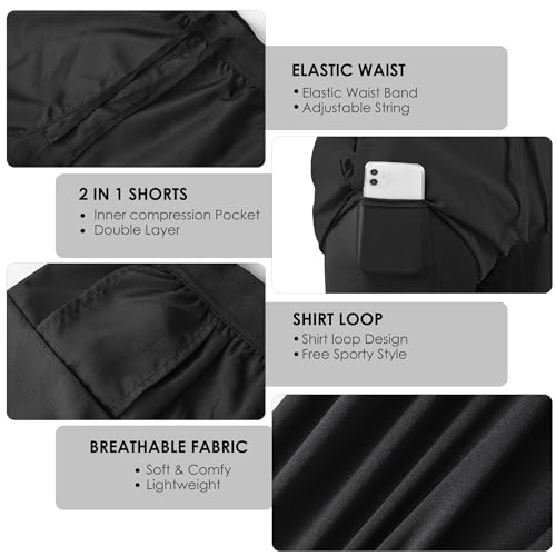 NIMOJIRO Men's 2 in 1 Running Shorts Workout Athletic Shorts Outdoor Sports with Liner Lightweight Training Yoga Gym Shorts with Phone Pockets Black L