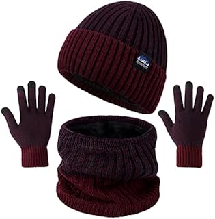 KQueenStar Direct Winter Hat Scarf Gloves Set - Men Thermal Warm Knitted Beanie Hat Neck Warmer and Touchscreen Gloves Soft Fleece Lining Stretchy Gift