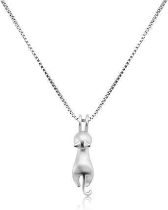 Lying Cat Necklace for Women - Silver Kitty Pendant Necklace, Cute Animal Jewellery Gift for Cat Lovers, Dainty Everyday Pet Memorial Necklaces