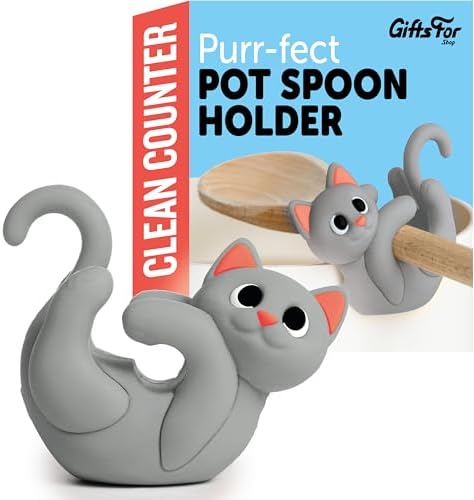 Gray Cat Spoon Rest for Stove Top – Silicone Pot Clip Utensil Holder &amp; Lid Lifter – Funny Kitchen Gadget, Unique Grey Tabby Cat Gifts for Women – 3" x 2.5"