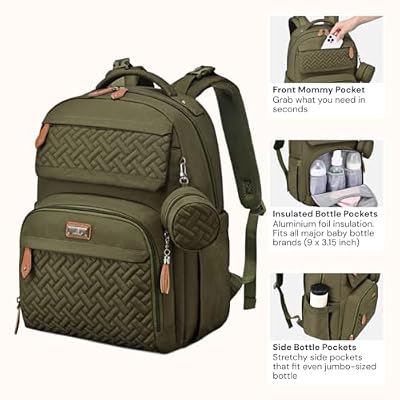 BabbleRoo Diaper Bag Backpack - Travel Large Baby Diaper Bag with Changing pad, Waterproof Baby Bags for Mom & Dad, Unisex Bags with Pacifier Case, Luggage Strap & Stroller Clips Army Green | with Changing Pad, Pacifier Case, Stroller Straps, Multifunction, Waterproof