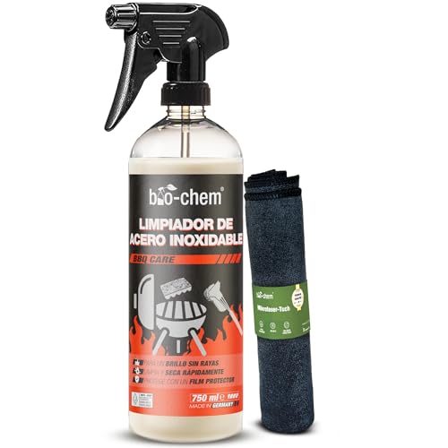 Bio-chem - Limpiador acero inoxidable 750ml + paño de microfibra - Cocina acero inoxidable horno microondas cocina acero inoxidable - Desengrasante cocina decapador horno