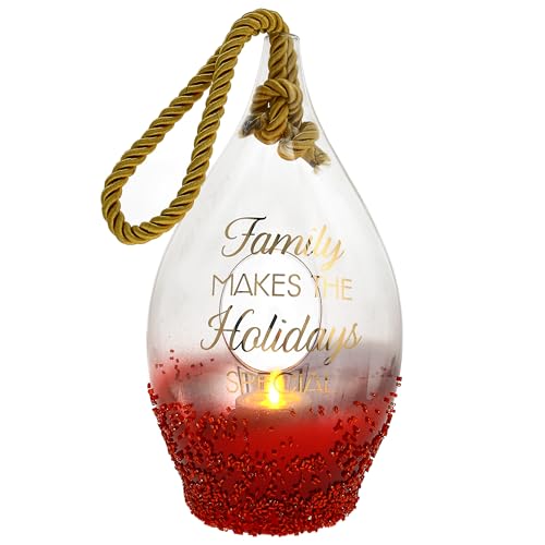 Pavilion - Family Makes The Holidays Special - 11.5" Hand Blown Glass Gold Red Beaded Rope Lantern LED Candle Holder Winter-Themed Terrarium Holder Holiday Christmas Winter Wonderland Decor