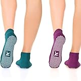 Rymora Non Slip Grip Socks for Women Men and Elderly, Non Skid Socks for Pilates, Yoga and Barre Suitable for Wood, Tile, or Ceramic Floors - 2 Pairs (Purple&Teal, X-Large)