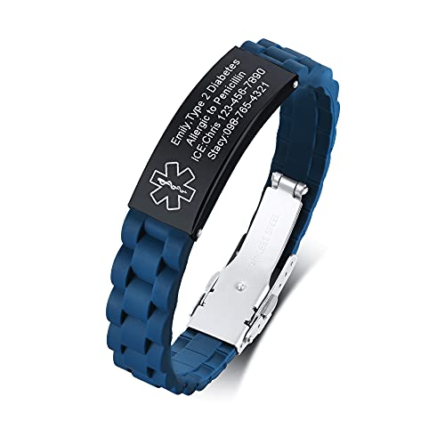 Vnox Blue Medical Alert Bracelets For Men & Women With Adjustable Sport Silicone Medical Id Bracelets Wristband #TOP9