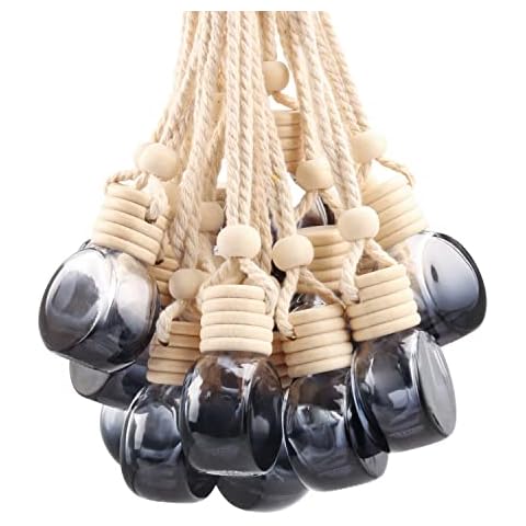 DMuuuDM 20 Pcs Oblate Shape Hanging Car Air Freshener Diffuser,Empty Refillable Black Gradient Glass Essential Oil Hanging Decor Aromatherapy Fragrance Pendant Vials with Wooden Caps & Hanging String Cover