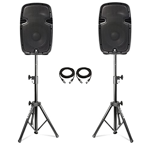 Vonyx SPJ-1000AD Active PA Speaker System Pair with Stands & XLR Cables - 10 Inch 800W Powered DJ Speakers Set for Live Music, Mobile DJ, Events & Parties Complete Sound Setup Kit
