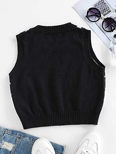 Zaful Women's V-Neck Sweater Vest Sleeveless Houndstooth Pullover Knitted Sweater (1-Argyle Black, M) #TOP3