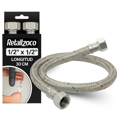 Latiguillo de Fontanería, Latiguillo de Grifo, Manguera para Grifo o Ducha, Fabricada en Aluminio, Temperatura máx 70°C, Presión de Trabajo 10 bar, Hembra 1/2” x Hembra 1/2”, Longitud 30 cm