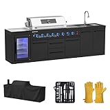 VESTIVIUM 112' All-in-One Outdoor Kitchen, 8-Burner Modular Grill Station, 1-Hour No-Construction Setup, Black SS304 & Black Granite, Sink, Fridge, Complete BBQ Set for Large Patios & Backyards