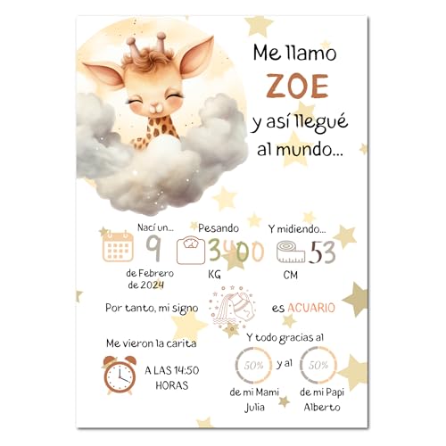 LuaDreams Cuadro Nacimiento Bebe Personalizado, Laminas Infantiles, Natalicio Bebe Personalizado, Regalos Personalizados, Cuadro Natalicio Tamaño 30x42cm (Jirafa)