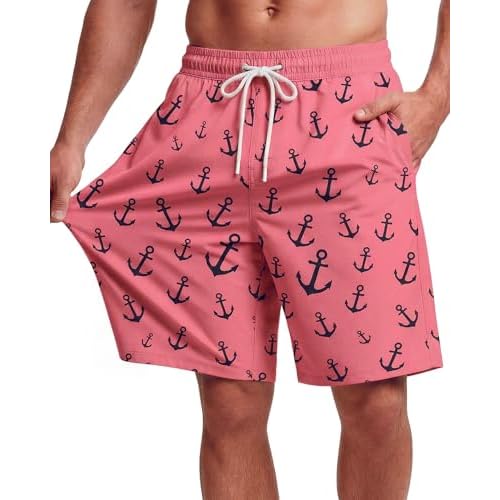 9 Inch Men Swim Trunks with Mesh Lining Breathable Quick Dry Drawstring Pockets for Summer Beach Travel Cruise X-Large Coral Anchor