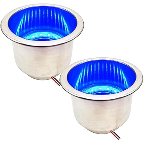 EASYEAH 4Pcs Marine LED Cup Holder Stainless Steel Drink Cup Holders Insert with Drain for Boat Yacht Rv Camper Car Truck, Blue Lights Cover