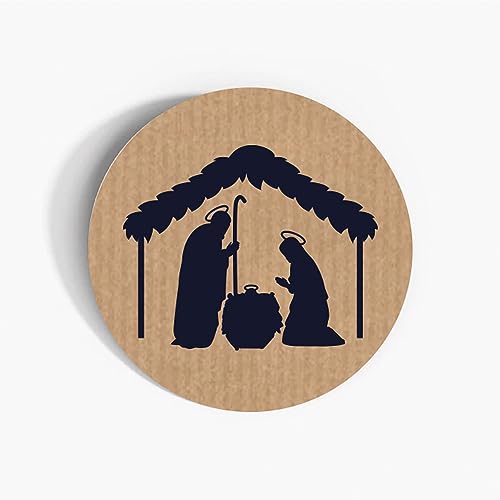 Pack of 45 Silhouettes Christmas Nativity Scene Kraft Paper Labels - 37mm Round Self-adhesive Nativity Stickers - Multipack Festive Stationery Craft Decor Vintage Christmas Labels
