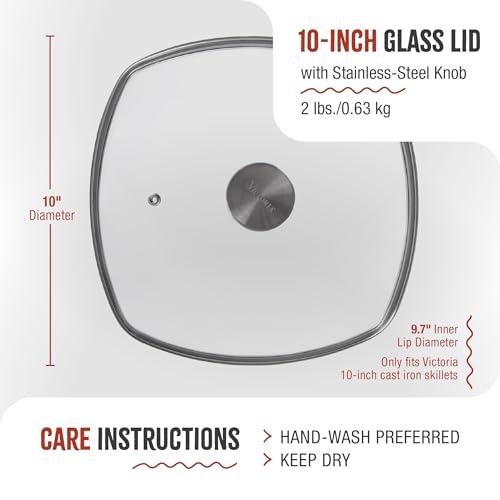 Image of 9.7-Inch Glass Lid for Victoria Square 10-Inch Square Skillet or Pan, Custom Made for Only Victoria Brand, Internal Diameter 9.7-Inch, External Diameter 10 Inch
