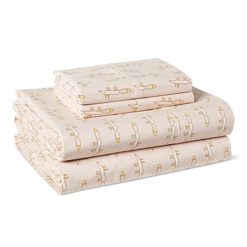 Amazon Basics 100% Organic Cotton Kids Sheet Set with Pillowcase Full Size Pale Pink Fox
