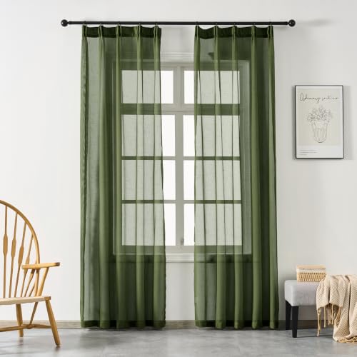 Olive Green Curtains Dark Sheer Curtains Pinch Pleat Drapes 102 Inches Long