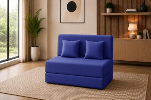Image of Sofa Cum Bed with Jute Fabric, Convertible Two Seater Sofa Bed 4x6 Ft, Comfortable Cushioned Seating, Space Saving Design for Living Room, Bedroom & Guest Room - Blue Color