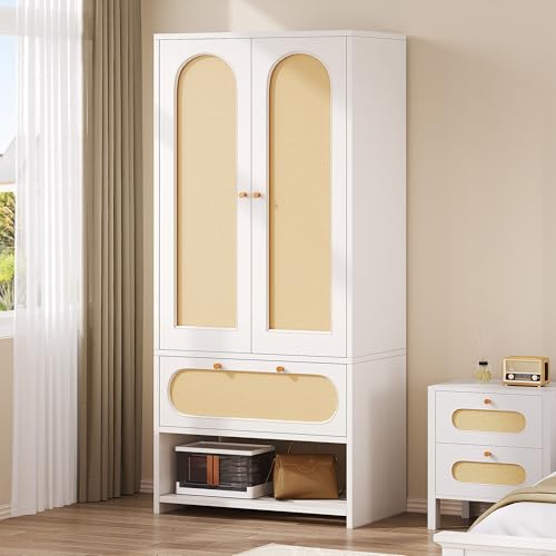 DWVO Natural Rattan Armoire Storage Cabinet, 70" Tall Rattan Closet with Doors, Large Wardrobe Cabinet with Storage Drawers & Hanging Rod, Bedroom