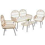 FUNCOKO 4-Pieces Wicker Patio Conversation Set, Boho All-Weather Rattan Outdoor Furniture Sets with Loveseat Chair, Glass Table & Soft Cushions for Backyard, Garden, Deck