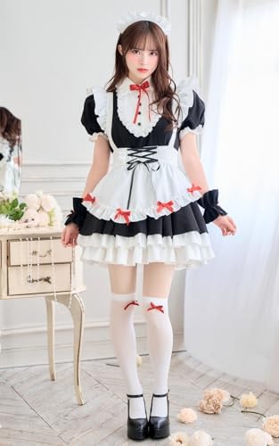 [Malymoon] コスプレ メイド ウエイトレス 家政婦 フレンチメイド レッド リボン ホワイト 藤咲凪 衣装 仮装 マリームーン 9点セット CS-25-10343 詳細画像3