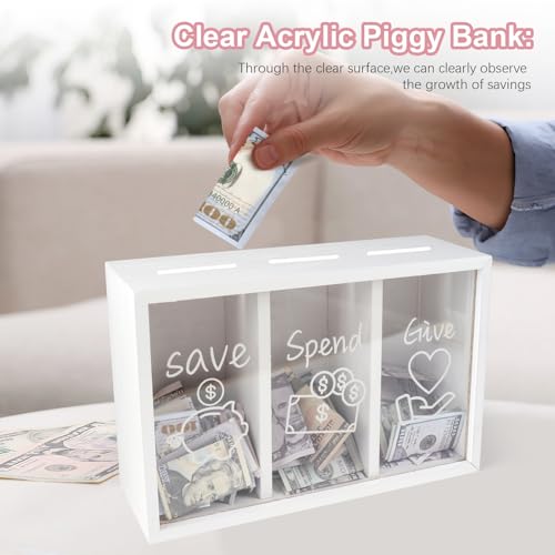 Mczxon Wooden Give Save Spend Money Saving Box for Kids, Money Coin Savings Piggy Bank Jar Box Safe Money Saver, Teach Children About Giving Saving Giving Money Piggy Box for Boys Girls, White