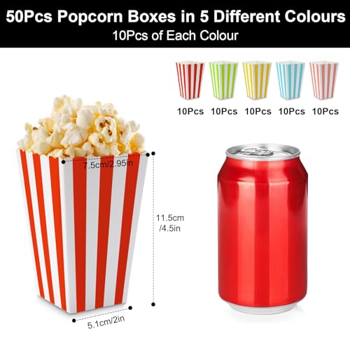 Nadisean 50Pcs Popcorn Boxes Small,5 Colours Popcorn Bags, Retro Popcorn Bucket, Cartons Popcorn Box, Striped Paper Popcorn Sweet Candy Containers Cardboard for Movie Night, Sweets, Party - Image 2
