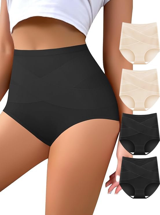 Image of QUASTI Women's High Waisted Underwear Slightly Tummy Control Cotton Panties Full Coverage Postpartum Briefs 4 Pack
