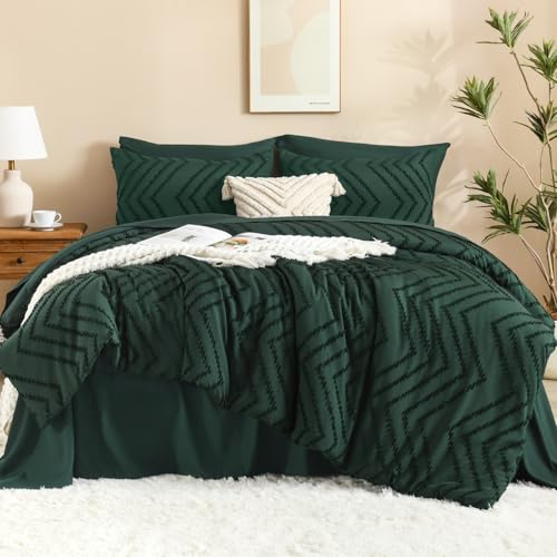 Litanika Full Size Comforter Set with Sheets Dark Emerald Green - 7 Pieces Bed in a Bag Full Chevron Tufted Complete Bedding Sets with Comforter, Sheets, Pillowcases & Shams