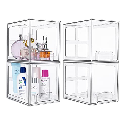 Vtopmart 4 Pack Stackable Makeup Organizer Storage Drawers, 6.6''Tall Acrylic Bathroom Organizers,Clear Plastic Storage Bins For Vanity, Undersink, Kitchen Cabinets, Pantry Organization and Storage