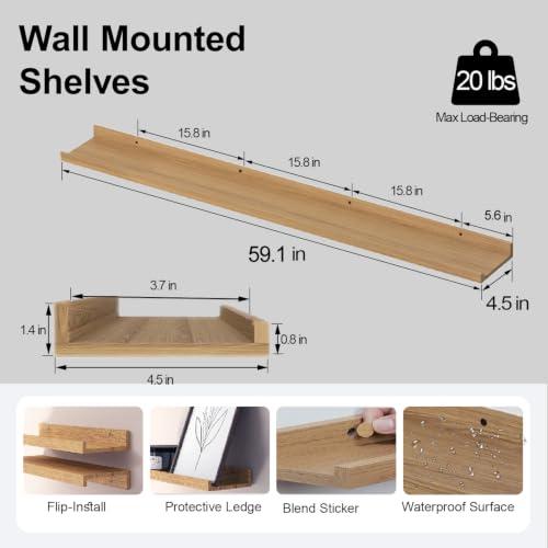 Image of Oak Floating Shelves for Wall Decor, 60 in Shelf with Lip, 2 Set