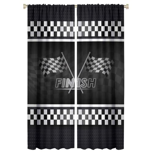 HZOHNAGO Racing Car Curtains Finish Race Flags Extreme Sports Themed Grid Black White Check Pattern for Kids Room Decoration Blackout Print Rod Pocket Window Drapes for Bedroom Living Room 42x63in