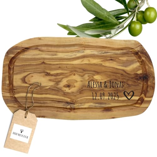 HOFMEISTER Olivenholz Schneidebrett personalisiert mit Gravur - individuelles Geschenk zum Einzug Hochzeit Grillfest - mit Saftrille 30 cm