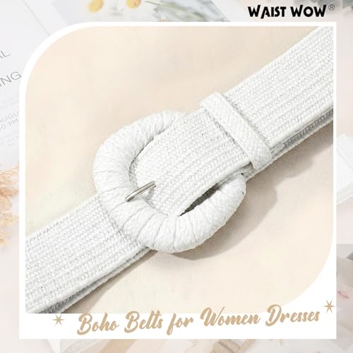 Image of Straw Woven Elastic Belt for Women Stretchy Belts for Dress Fashion Boho Waist Belt Rattan Raffia Ladies Belts