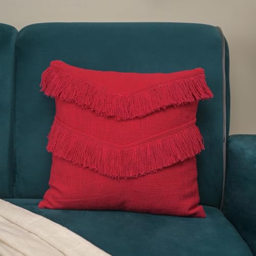 Image of Cotton Cushion Covers 18 inch x 18 inch | Boho Shaggy Square Decorative Cushion Cover for Bedroom | Hand Made Boho Throw Pillow Cover for Sofa (Set of 1, 18 * 18)