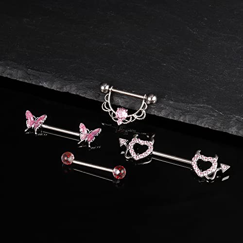 Joerica 14G Stainless Steel Nipple Rings For Women Cz Butterfly Heart Nipple Rings With Choker Necklace Nipple Barbell Body Piercing Jewelry #TOP2