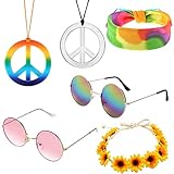 GHYUI Hippie Kostüm Set ,Hippie Accessoires,Hippie Schmuck,6 Stück Hippie Kleidung Damen Herren Accessoires , Sonnenblumen Hippie Stirnband ,Hippie Brille, 60er 70er 80er Jahre Bekleidung Accessoires