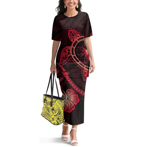 Image of Puletasi Samoan Traditional 2 Piece Outfits for Women Short Sleeve Crop Top and Maxi Skirt Sets Puletasi Dress