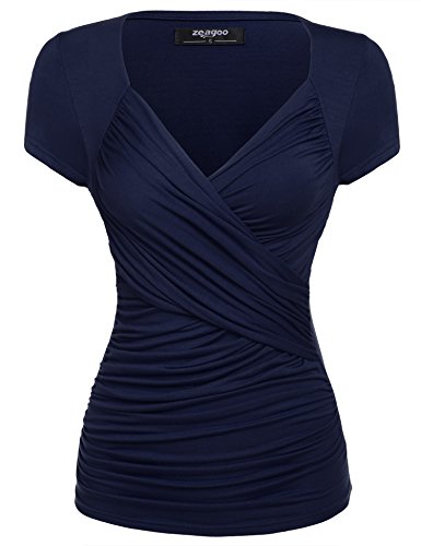 Zeagoo Women's Cross-Front V Neck Pullover T-Shirt Ruched Blouse Top, B_navy Blue, XX-Large