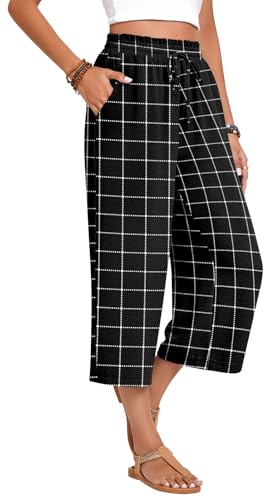 Image of Anyhold Women's Capri Pants Drawstring Casual Palazzo Trousers with Pockets Loose High Waisted Wide Leg Lounge Pants