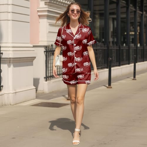 Image of Women 2 Pcs Short Satin Pajama Set Printed Silky Soft Loungewear