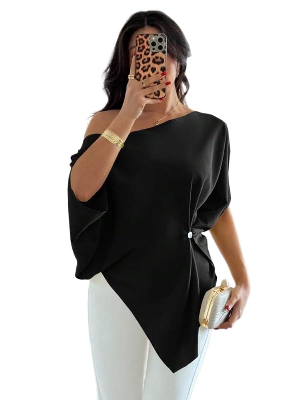 pataka devi Women Asymmetrical One Shoulder Black Top with Draped Fit Pointed Hemline Regular Fit Contemporary Wear Top for Art Events Evening Outings and Elegant Styling - Black-picture-47