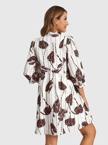 Image of EZAPINE Women Floral Babydoll Mini Dress V Neck 3 /4 Puff Sleeves A Line Flowy Swing Summer Sun Dresses
