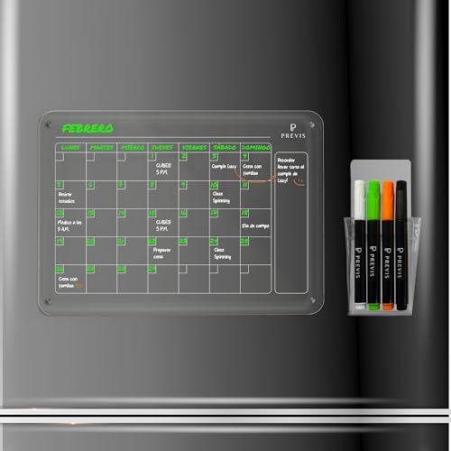 PREVIS BRAND Calendario Magnetico Nevera Transparente Acrilico A4 (21X30 CM) 4 Rotuladores Punta Muy Fina - Pizarra Transparente Nevera Magnetica Acrilyc - Planificador Mensual Organizador Cocina