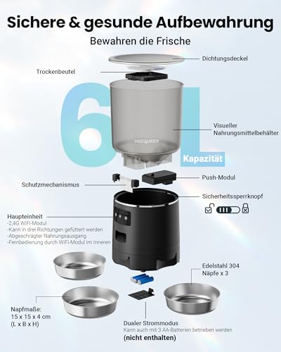Futterautomat Katze mit APP und Timer, 6 L / 25 Tassen Katzenfutter Automat 3 Näpfe, 3 Trockenmittel Packungen, Anti-Verstopfungssystem, 2.4G WiFi, 10-S Stimmaufnahme Futterspender Katze Hund, Schwarz