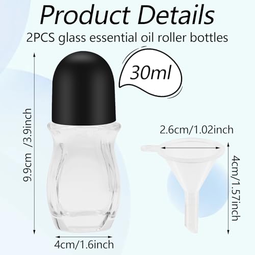 Empty Glass Roller Bottles 2 Pcs Black Clear Empty Glass Essential Oil Roller Bottles Empty Refillable Roll on Glass Bottles with Refillable Containers Tools and Accessories (30ML)2