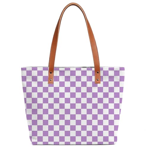 ZVUZVO Purple and White Checkered Corduroy Tote Bag With Leather Handle for Women Men Birthday Gifts, Plaid Reusable Grocery Bags for Work Travel Shopping. Purple and White Plaid