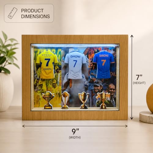 Image of 7 Cricket Jersey Shadow Box Frame with LED Light | CSK Cricket Fan Gift | Sports Display Box for Gaming Room & Bedroom Decor | Cricket Gifts for Men (MS Dhoni)