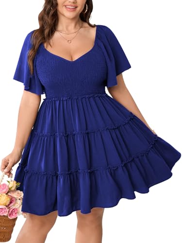 Image of SHESTARR Womens Plus Size Casual Mini Dress Sweetheart Neckline Short Flutter Sleeve Smocked A Line Tiered Ruffle Dresses